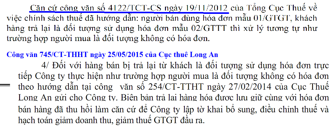 hàng bán bị trả lại hóa đơn trực tiếp