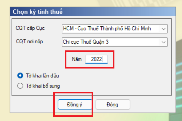 Chọn kỳ kê khai Lệ phí môn bài cho chi nhánh