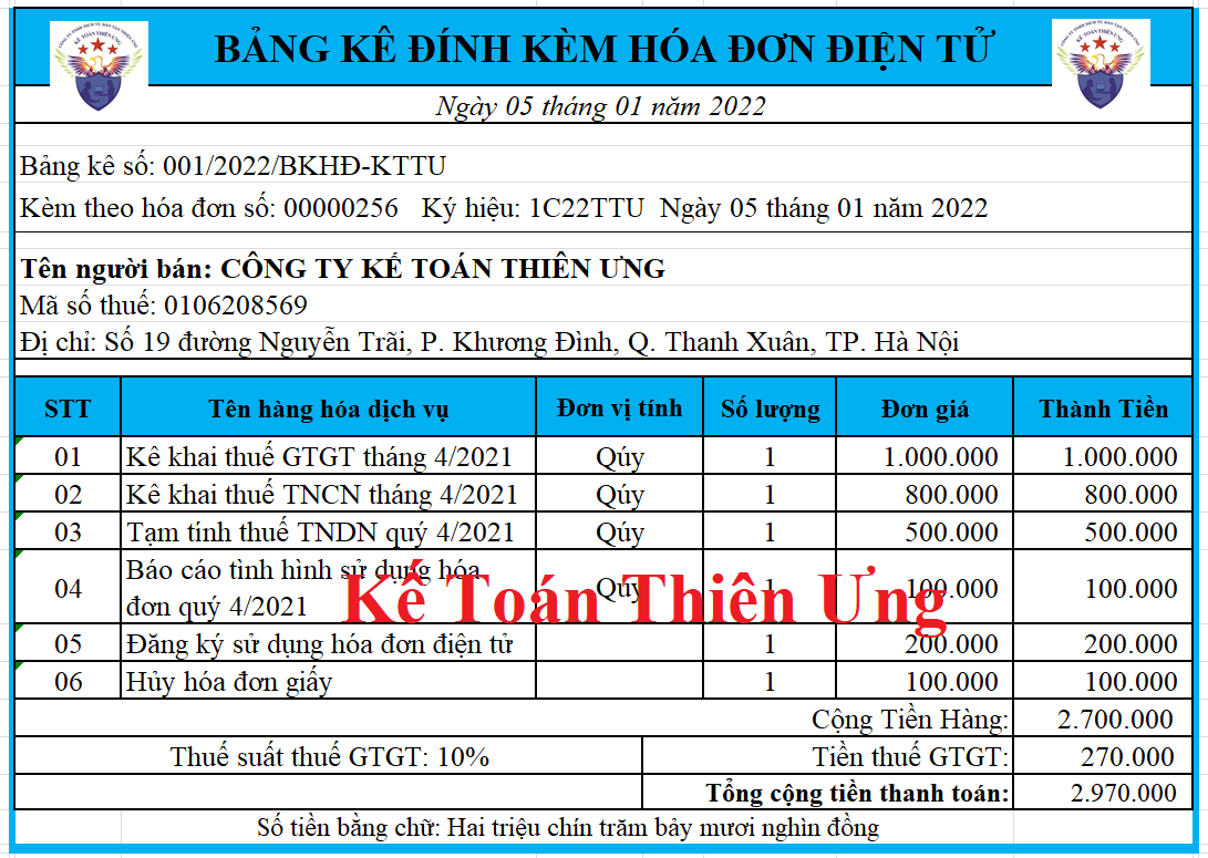 Mẫu bảng kê đính kèm hóa đơn điện tử theo thông tư 78