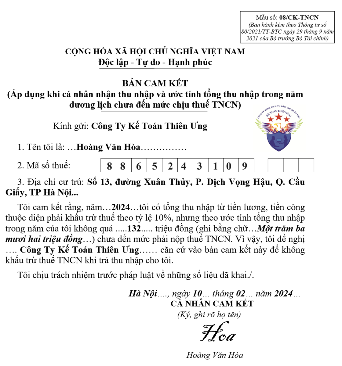 Mẫu 08/CK-TNCN theo thông tư 80/2021/TT-BTC Mẫu 08/CK-TNCN theo thông tư 80/2021/TT-BTC