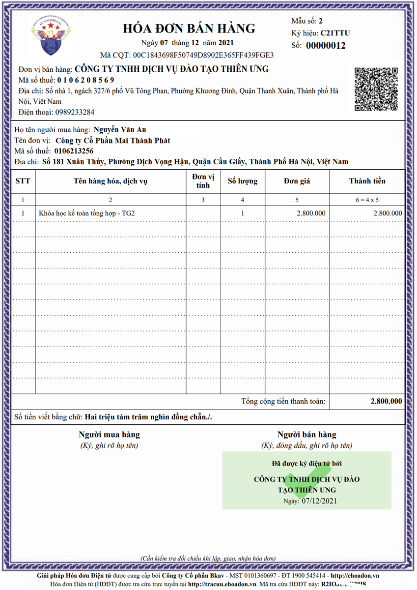 Mẫu hóa đơn điện tử bán hàng có mã của CQT