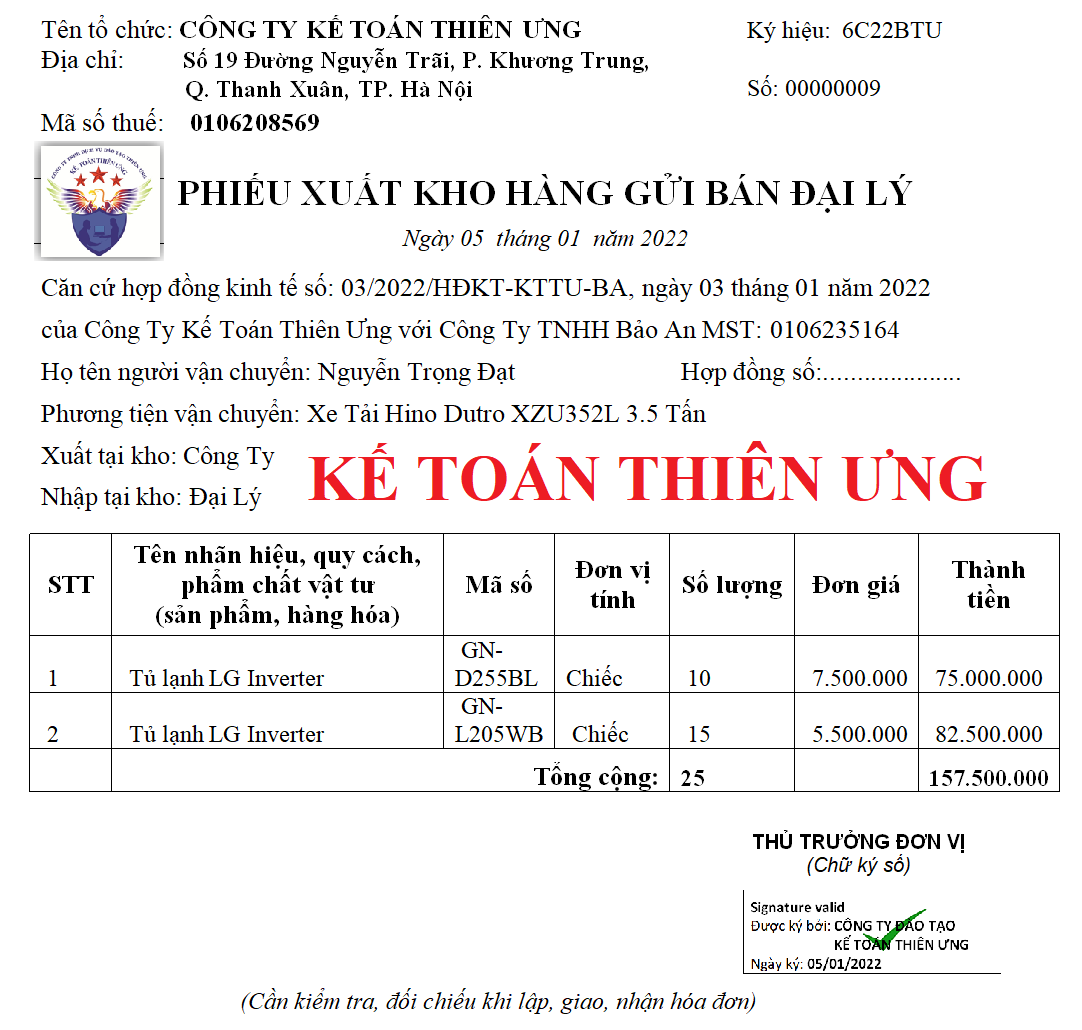 Mẫu phiếu xuất kho hàng gửi đại lý điện tử theo thông tư 78