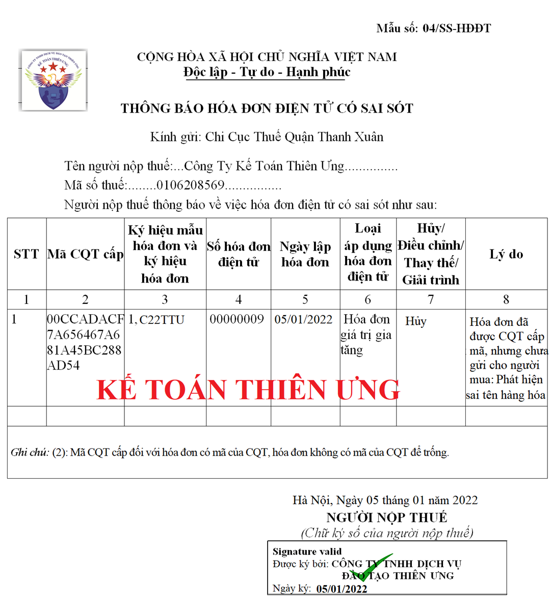 Mẫu thông báo hủy hóa đơn điện tử theo thông tư 78, NĐ 123