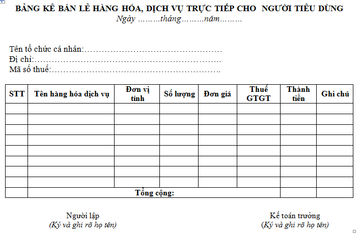 bảng kê hàng hoá bán lẻ dưới 200.000