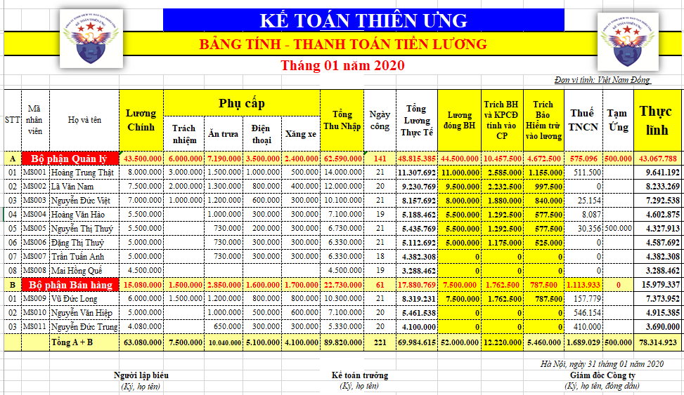 Mẫu bảng tính lương theo tháng cho nhân viên năm 2020 mới nhất