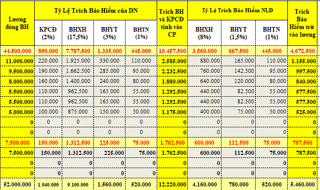 Bảng trích các khoản bảo hiểm theo lương