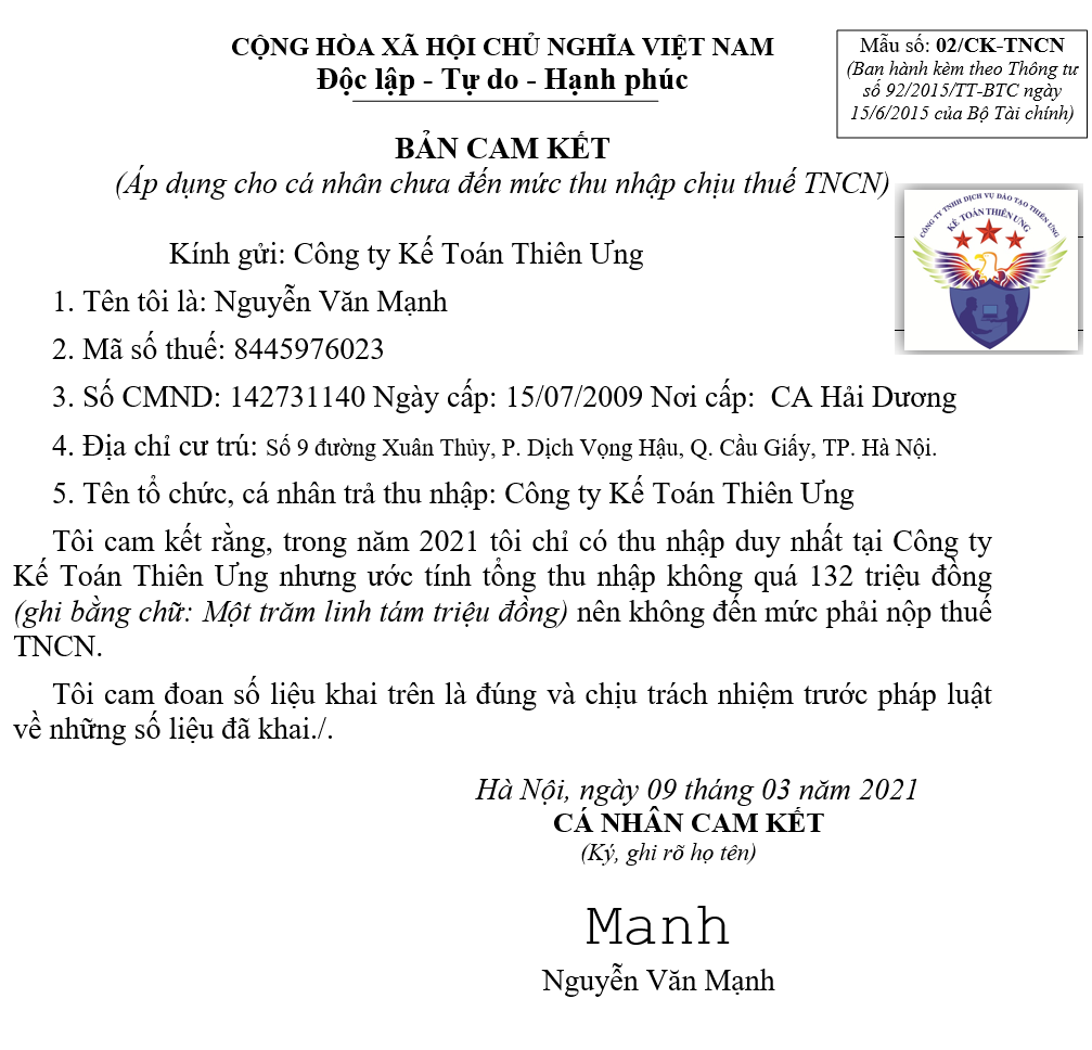 Mẫu 02/CK-TNCN cam kết thu nhập