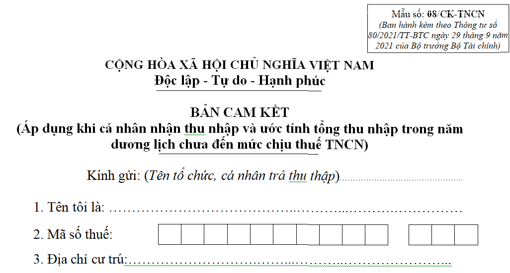 Mẫu cam kết thu nhập