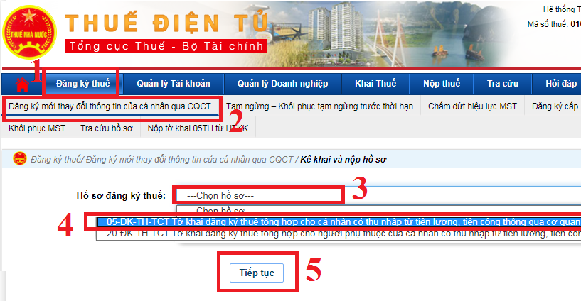 Chọn tờ khai đăng ký MST TNCN trực tuyến