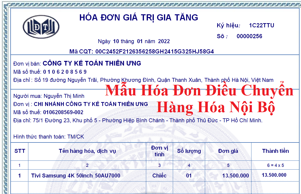 Mẫu hóa đơn điều chuyển hàng hóa nội bộ