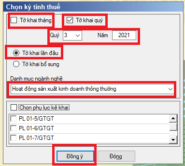 Thực hiện chọn kỳ kê khai thuế GTGT