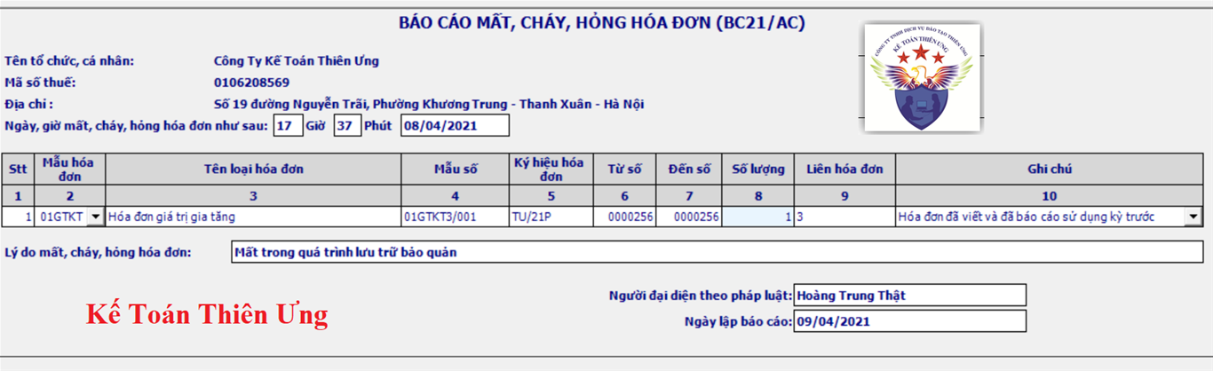 Mẫu báo cáo Mất hóa đơn liên 1 liên 3