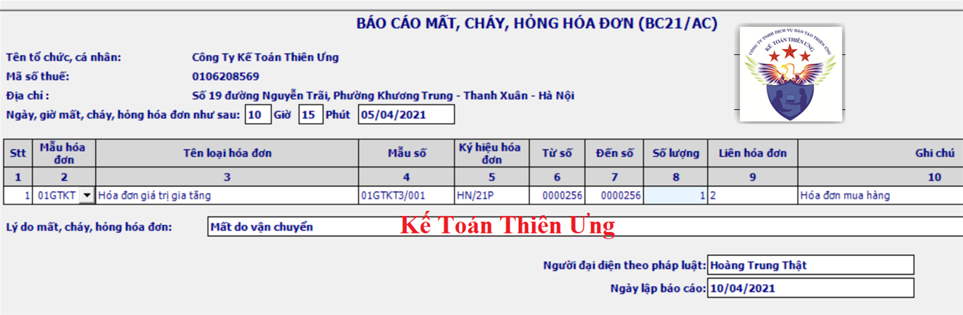 Mẫu báo cáo mất hóa đơn liên 2 đầu vào