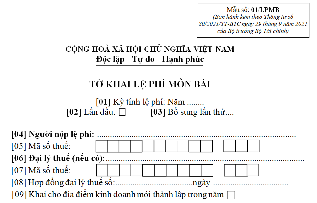 Mẫu tờ khai lệ phí môn bài năm 2022 theo thông tư 80/2021/TT-BTC