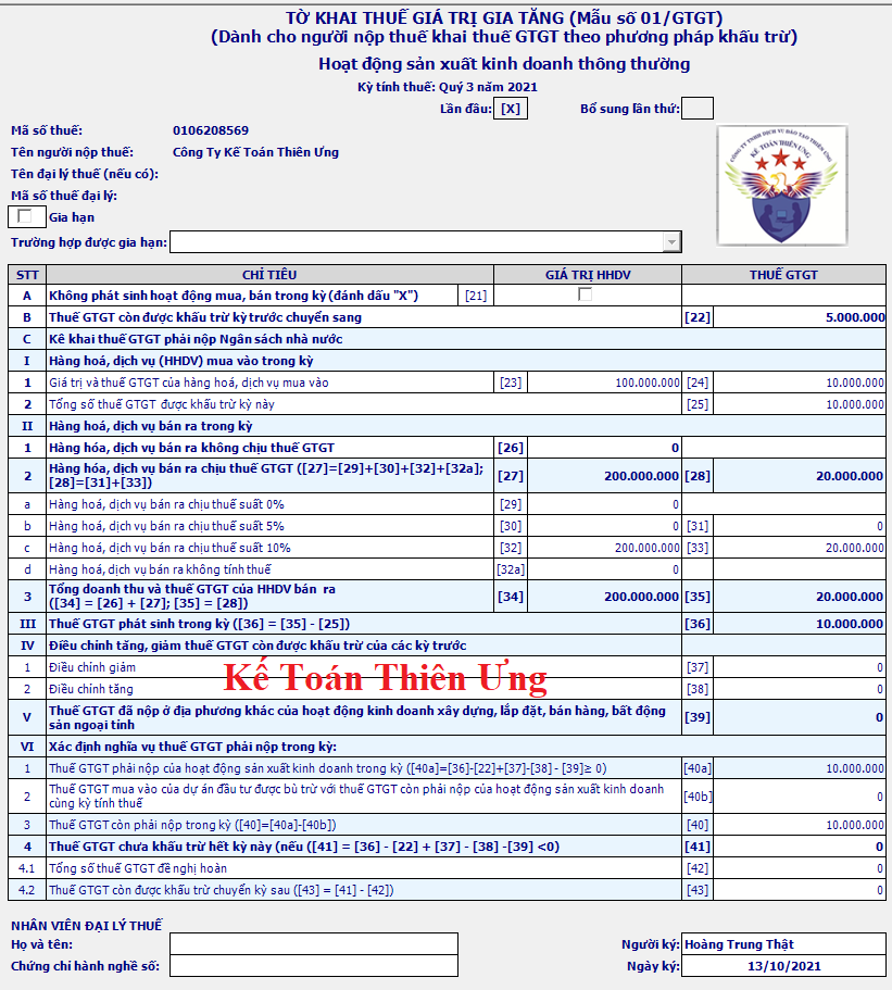 Mẫu 01/GTGT tờ khai thuế GTGT