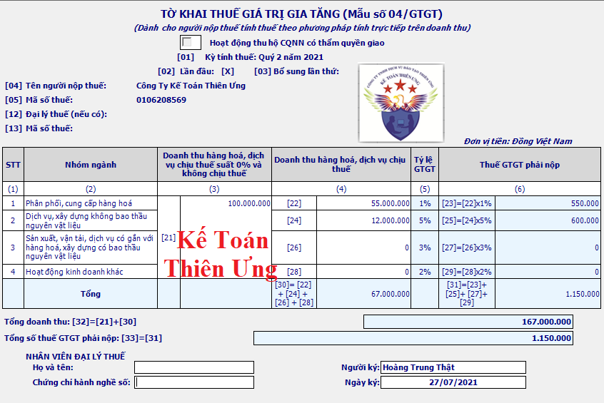 Mẫu 04/GTGT tờ khai thuế GTGT trực tiếp