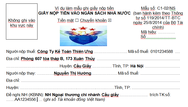 cách ghi giấy nộp tiền vào ngân sách nhà nước