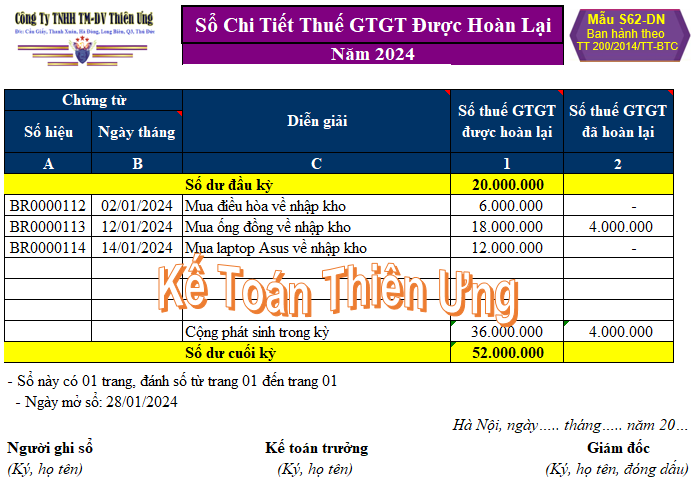 Mẫu Sổ chi tiết thuế giá trị gia tăng được hoàn lại