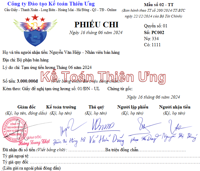 Mẫu phiếu chi theo thông tư 200