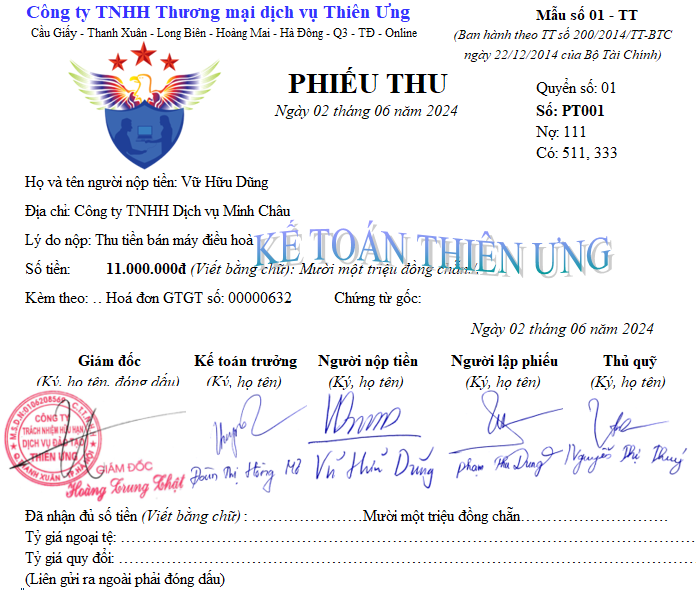 Mẫu phiếu thu theo TT 200