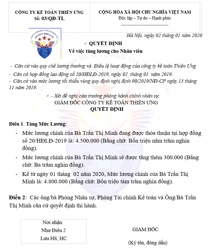 Mẫu quyết định tăng lương năm 2020 mới nhất