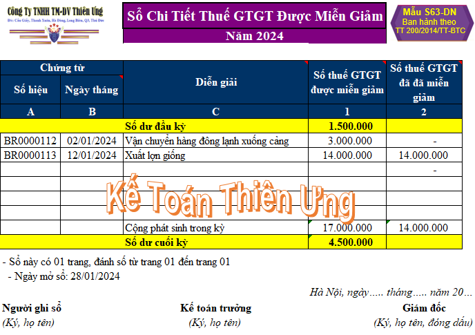 Mẫu Sổ chi tiết thuế giá trị gia tăng được miễn giảm