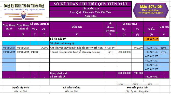 Mẫu Sổ chi tiết quỹ tiền mặt theo Thông tư 200