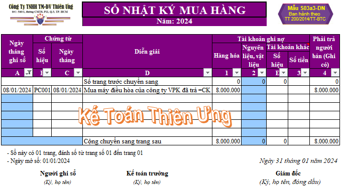 Mẫu Sổ nhật ký mua hàng