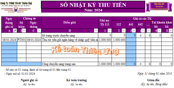 Mẫu Sổ Nhật ký thu tiền theo Thông tư 200