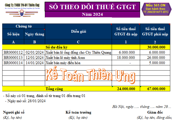 Mẫu Sổ theo dõi thuế giá trị gia tăng theo Thông tư 200