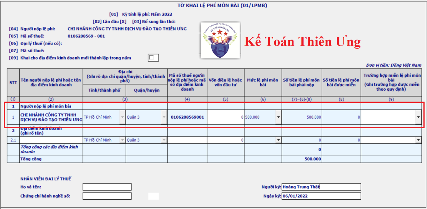Mẫu tờ khai lệ phí môn bài cho chi nhánh 2022