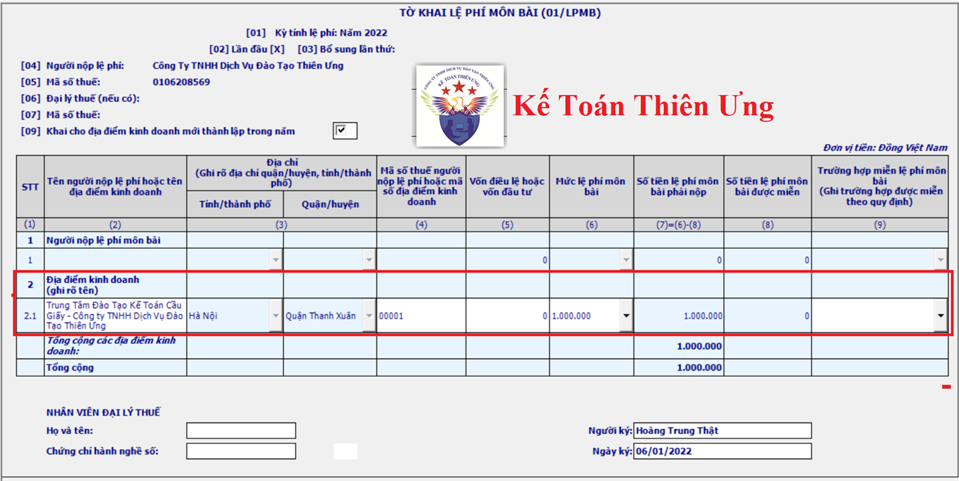 Mẫu tờ khai lệ phí môn bài cho địa điểm kinh doanh 2022