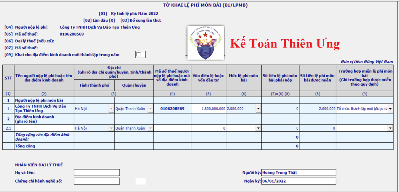Mẫu tờ khai lệ phí môn bài năm 2022 theo thông tư 80/2021