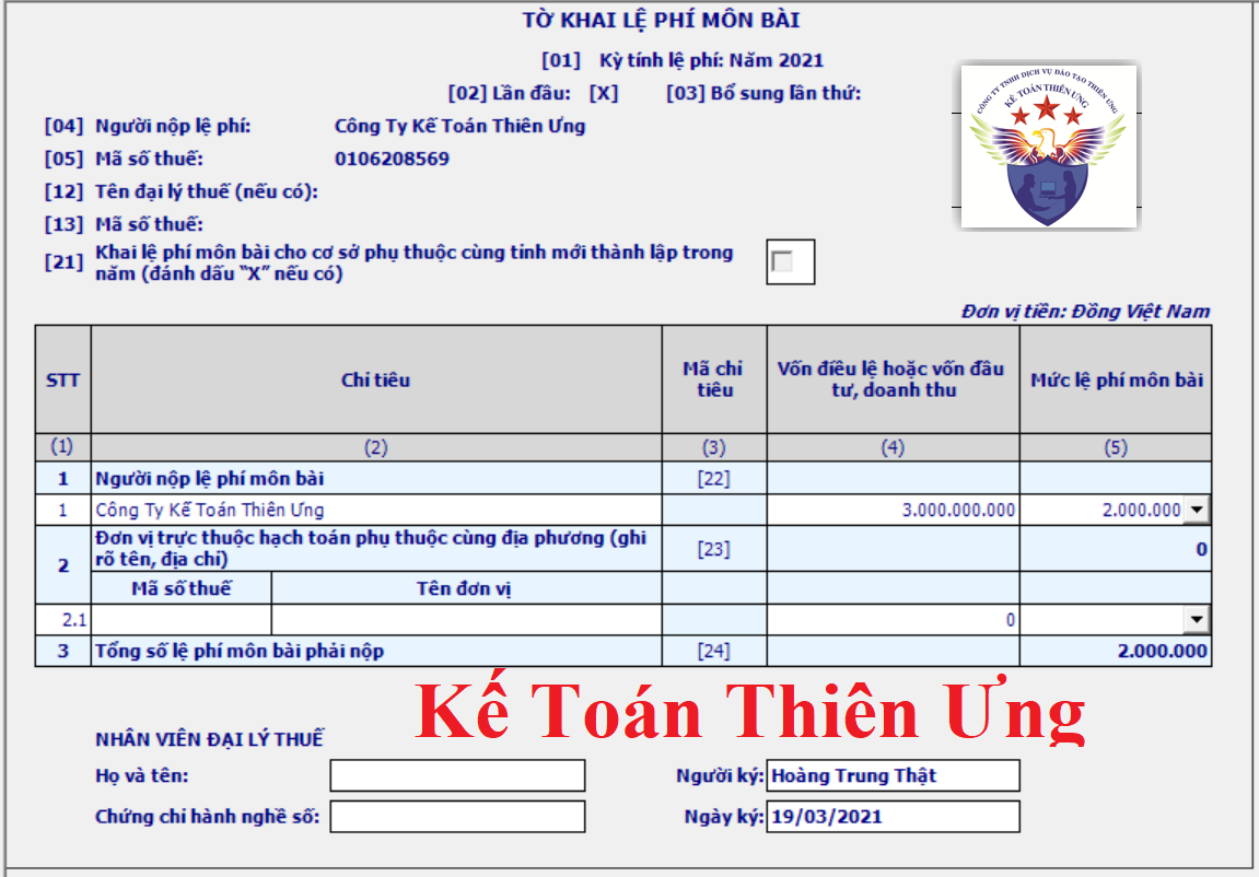 Mẫu tờ khai lệ phí môn bài năm 2021 Mẫu tờ khai lệ phí môn bài năm 2021