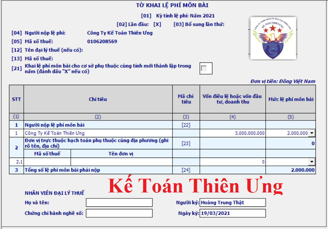 Mẫu tờ khai lệ phí môn bài năm 2021