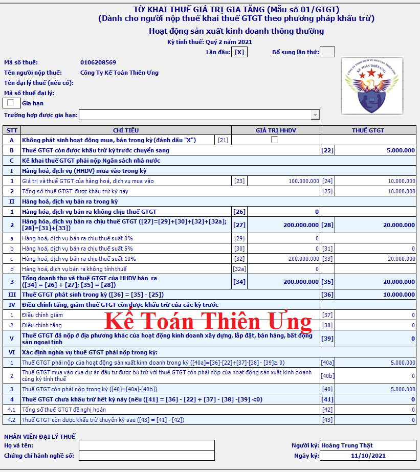 Mẫu số 01/GTGT tờ khai thuế giá trị gia tăng mới nhất năm 2021