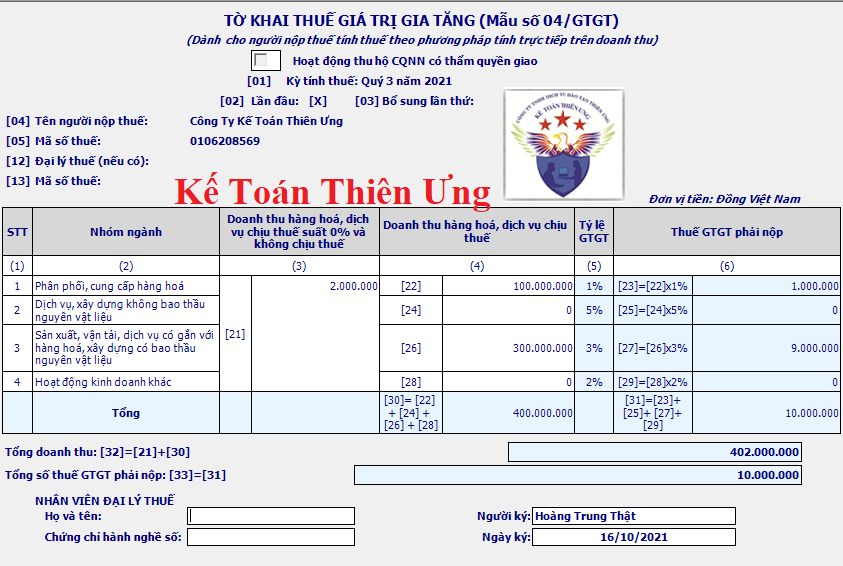 Mẫu 04/GTGT tờ khai thuế GTGT theo phương pháp trực tiếp