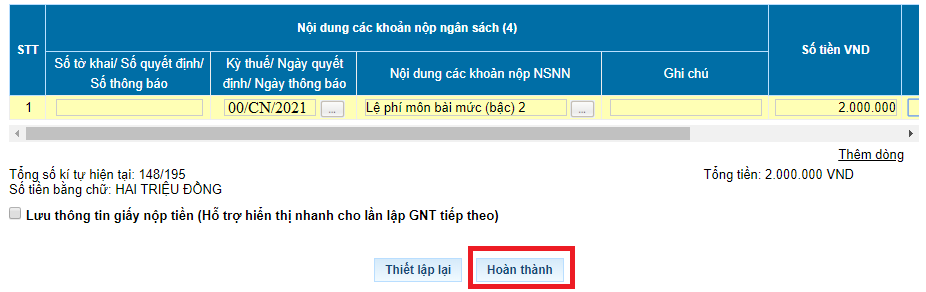 Nộp tiền thuế môn bài