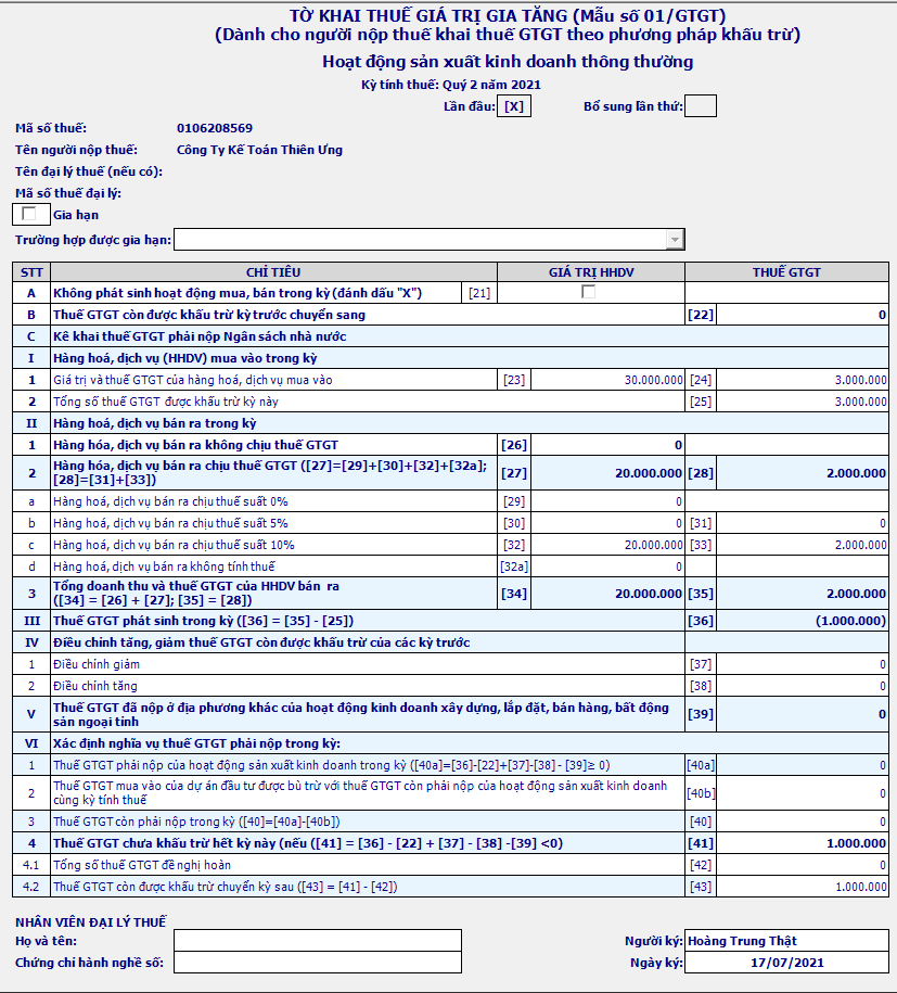 Tờ khai thuế GTGT Lần đầu