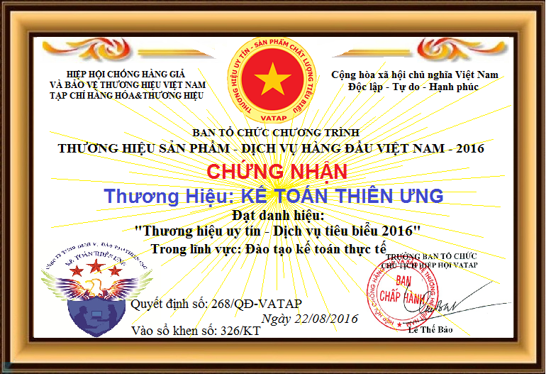 Đạt giải thưởng: Thương Hiệu Uy Tín - Dịch Vụ Tiêu Biểu Năm 2016